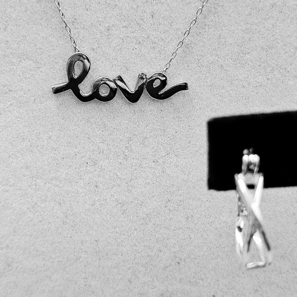 SET! 925 Silver Cursive Love Pendant with 925 Silver Hoop Earrings SET! - Picture 8 of 16